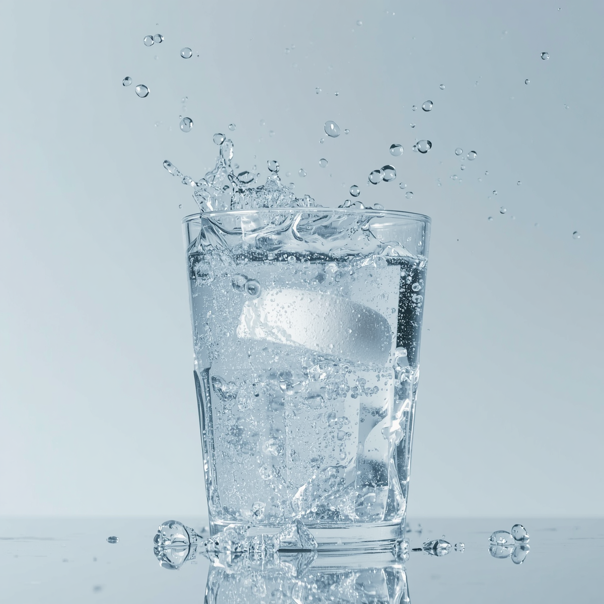 A white effervescent tablet dissolving and splashing inside a clear glass of water, showing Nutranautix rapid cellular hydration.