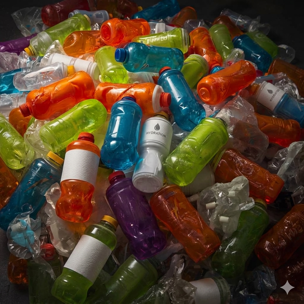 A large pile of discarded colorful plastic sports drink bottles and wrappers, illustrating the environmental waste challenge.