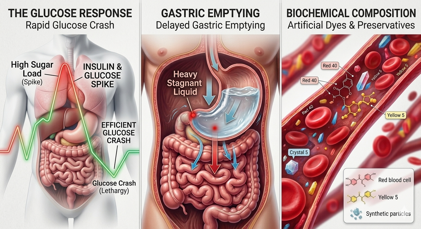 Infographic detailing physiological health studies on sports drink glucose crashes, delayed gastric emptying, and artificial dye composition.